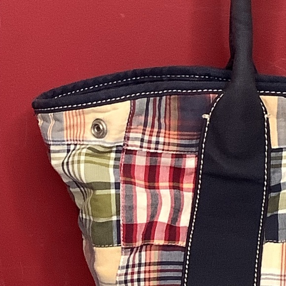 J. Crew Multicolor Classic Cotton Madras Preppy Patchwork Purse Tote Bag Navy - Picture 11 of 13